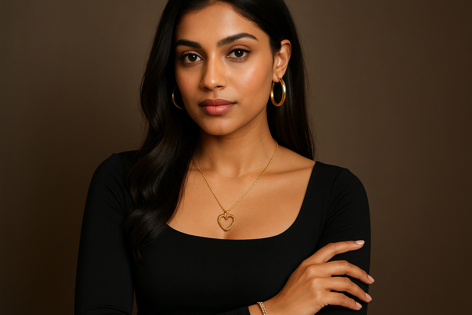 Beautiful indian women wearing a fashion gold chain with heart pendant and wearing a black bodycoon dress and gold hoop earing and single layer rhinestone with gold bracelet
